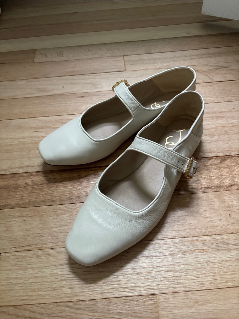 Steve Madden Leather Cream Mary Jane Flats with Gold Buckle - Michaela